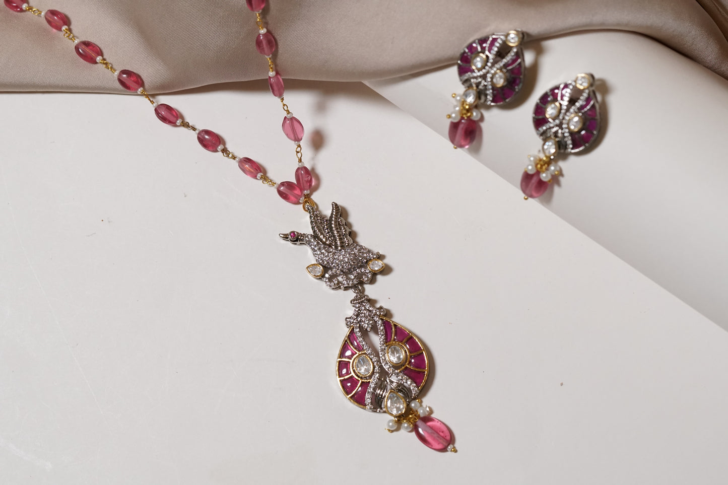 Pink Stone Polki Pendant set H1-049